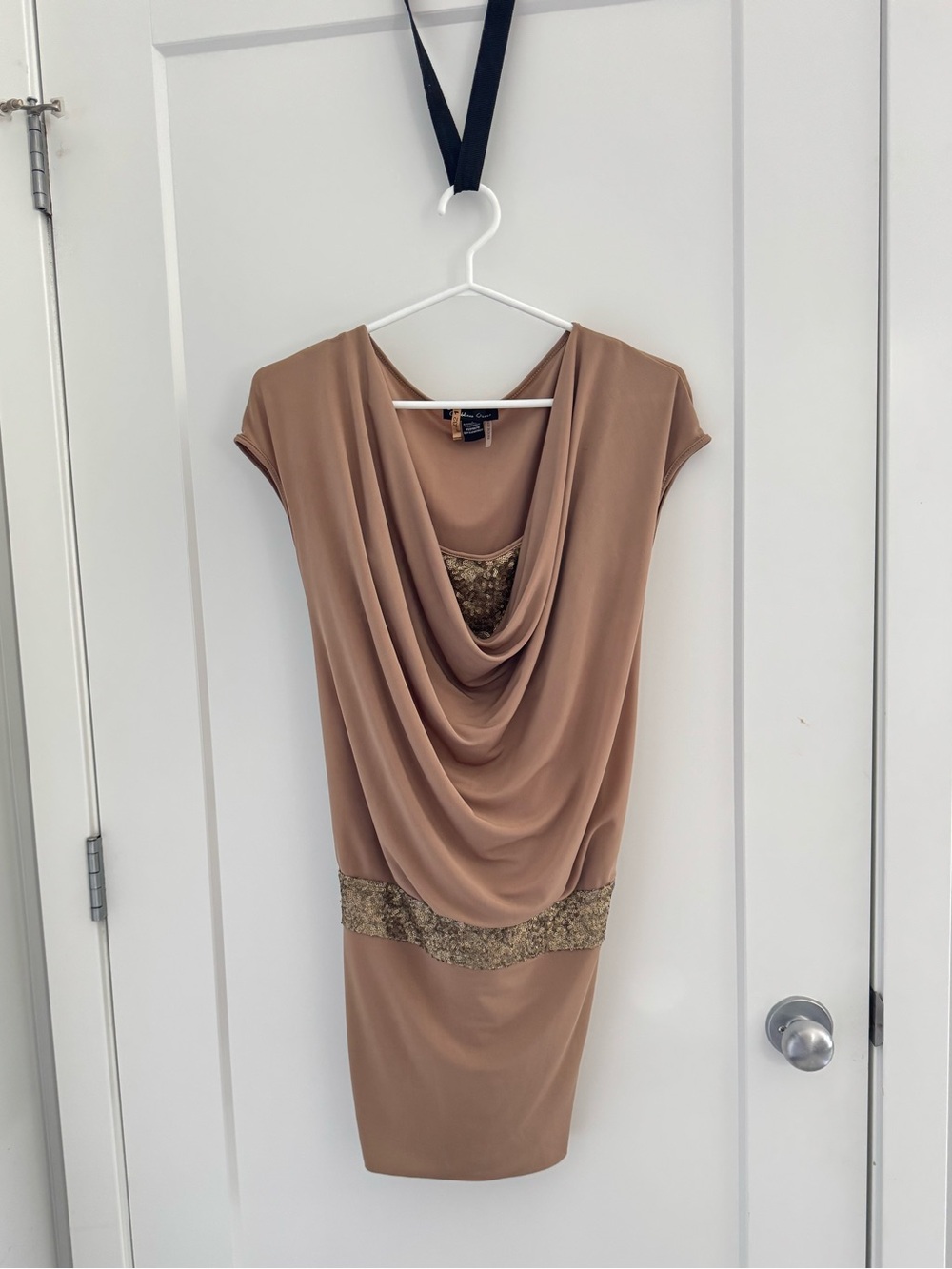 Caribbean Queen Taupe Midi Dress with Gold Sequin Waist